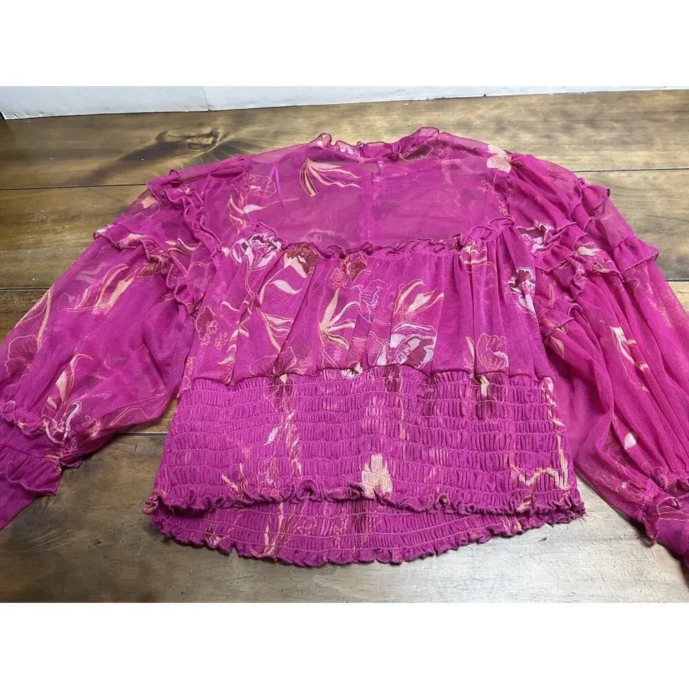 Free People Time For Shine Mesh Cropped Smocked Pink Purple Floral Blouse Top L